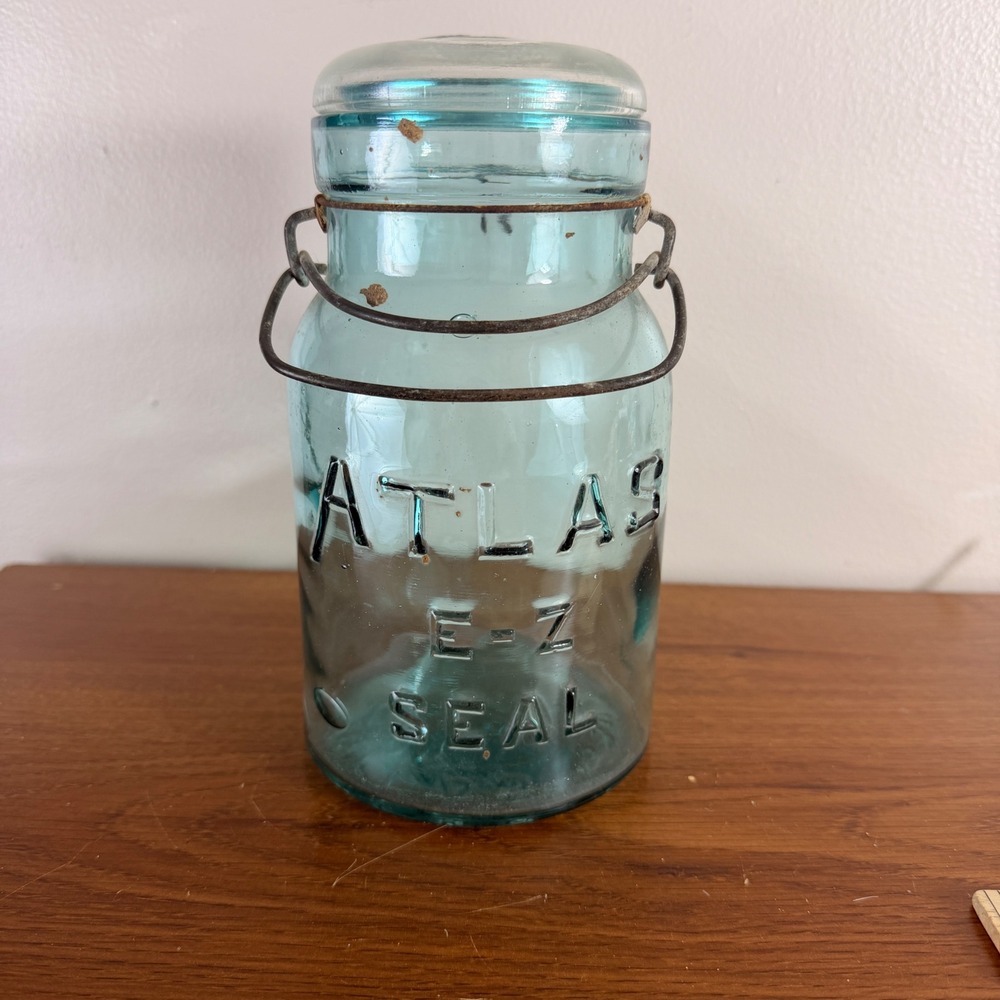 Vintage Atlas E-Z Seal Aqua Blue Glass Pint Canning Jar Wire Bail Lid 1920s